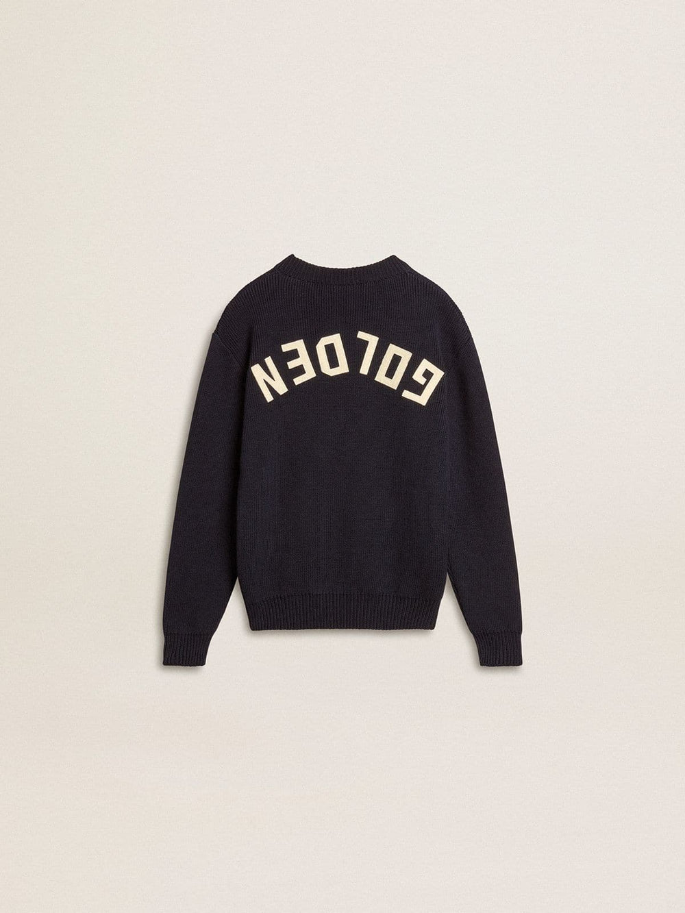 Boys’ blue crew-neck sweater with 'Golden' lettering on the back