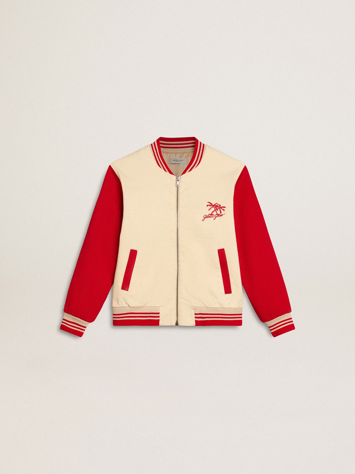 Kids' bomber jacket in beige and red cotton with embroidery on the chest