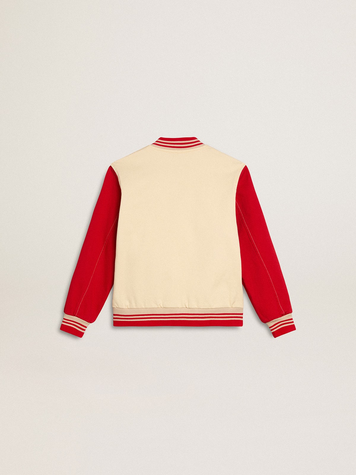 Kids' bomber jacket in beige and red cotton with embroidery on the chest