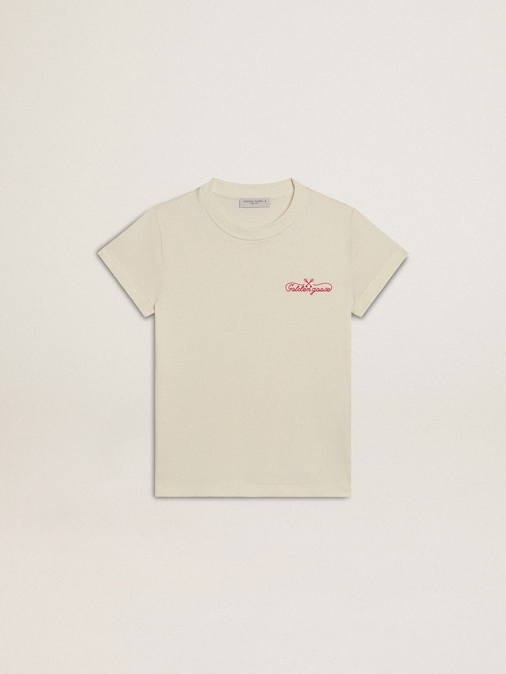 Girls' cotton T-shirt in worn white with red embroidery on the chest