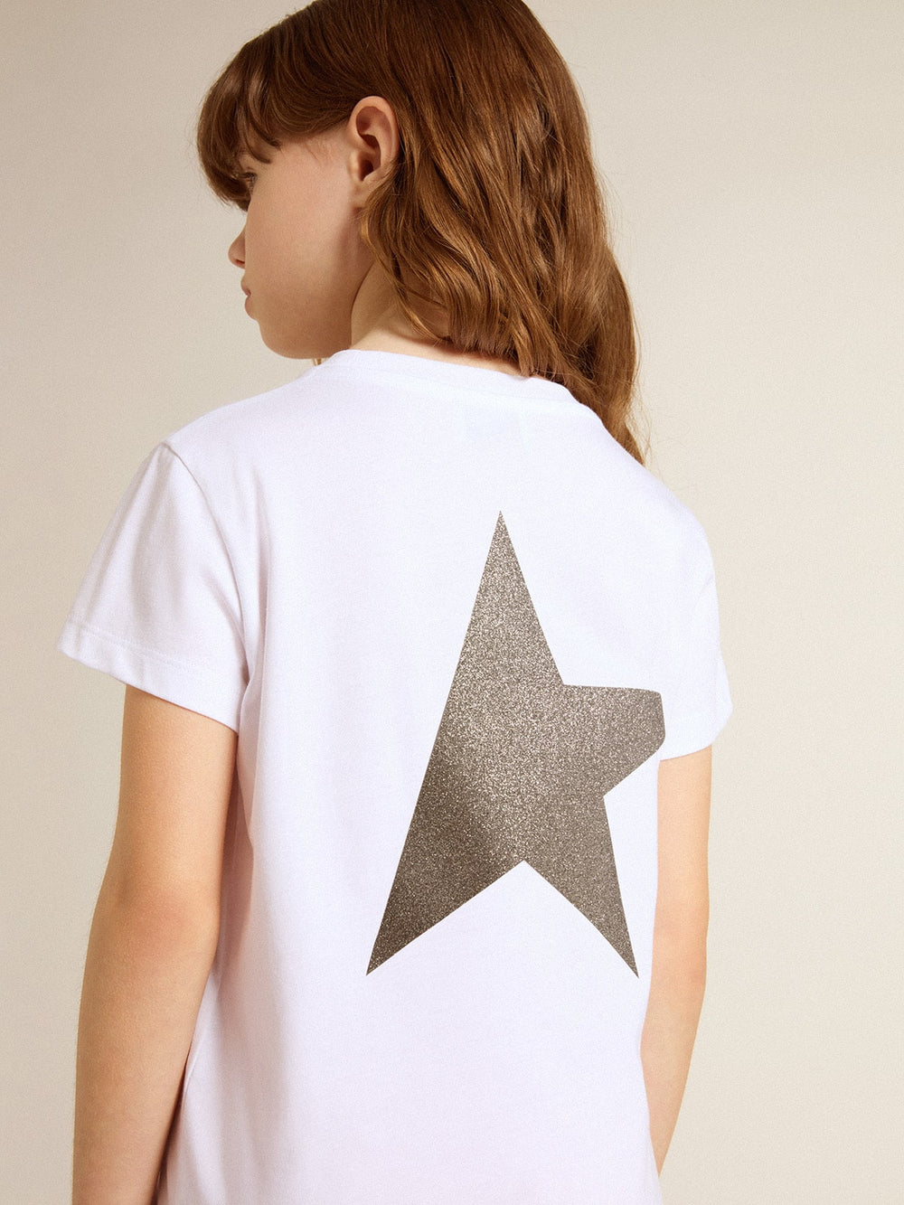 White and silver T-shirt with logo and maxi star in silver glitter