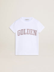 Girls' white T-shirt with pink glitter Golden lettering