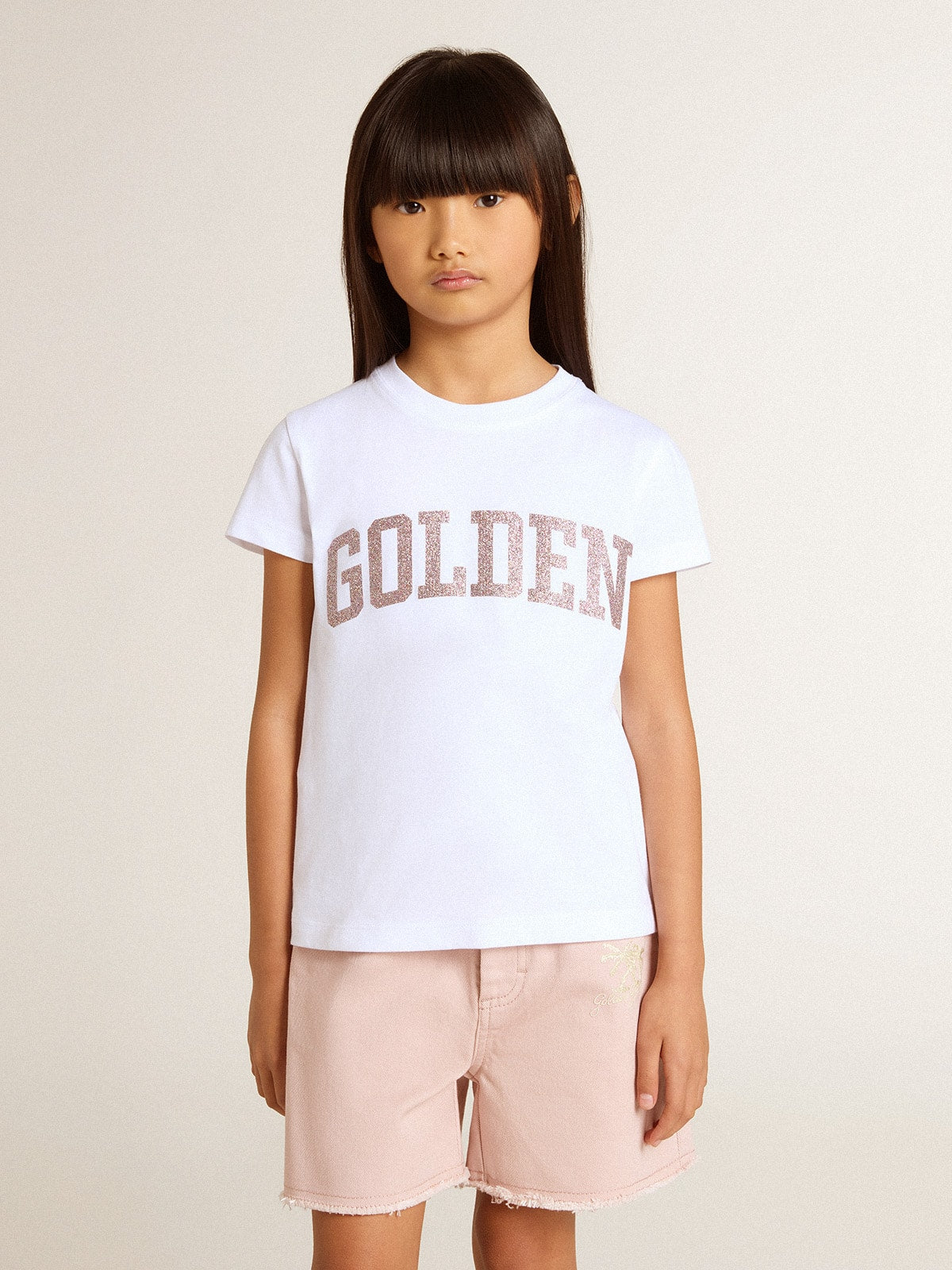 Girls' white T-shirt with pink glitter Golden lettering