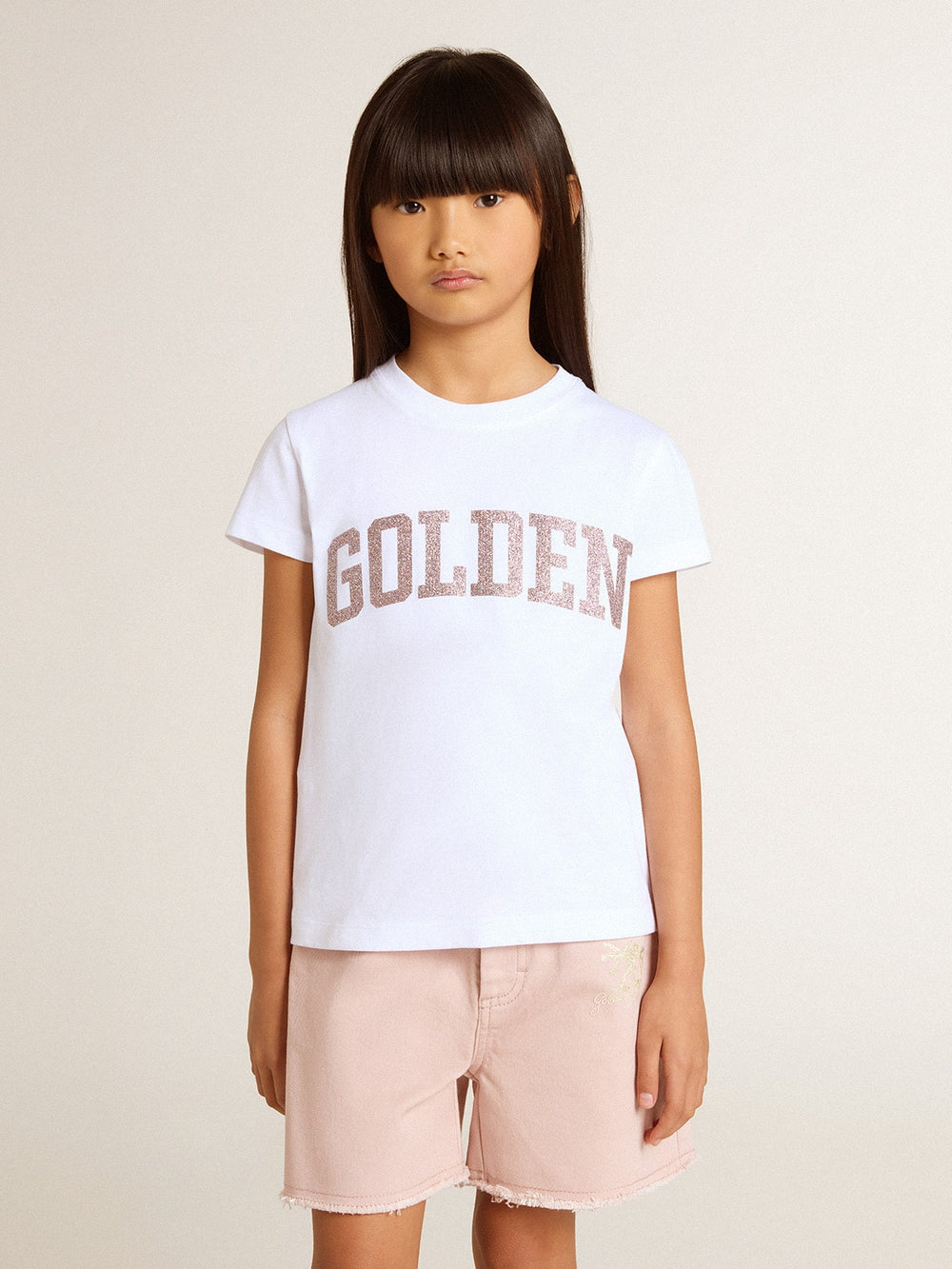 Girls' white T-shirt with pink glitter Golden lettering