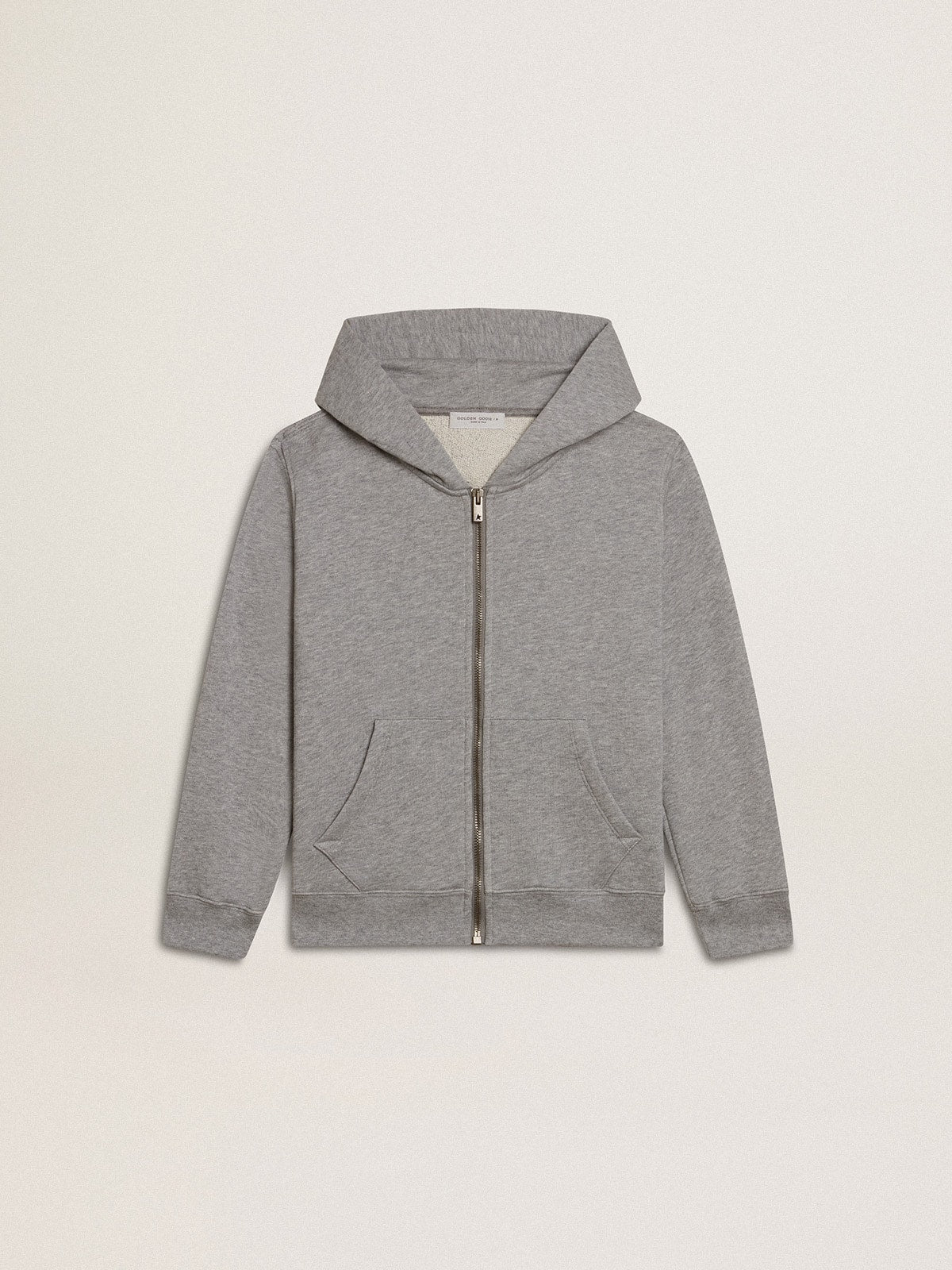 Gray melange hooded sweatshirt with print on the back