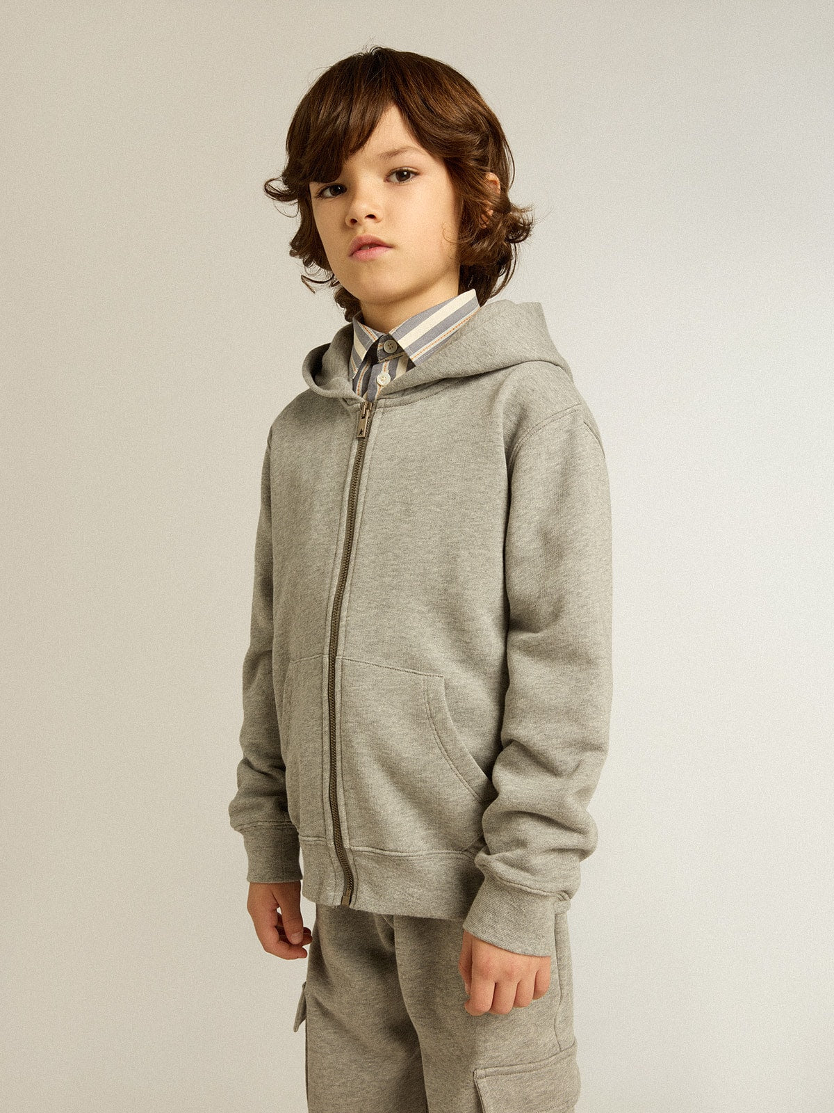 Gray melange hooded sweatshirt with print on the back