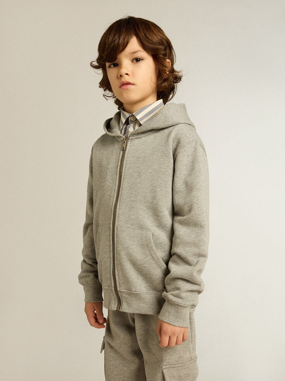 Gray melange hooded sweatshirt with print on the back