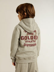 Gray melange hooded sweatshirt with print on the back