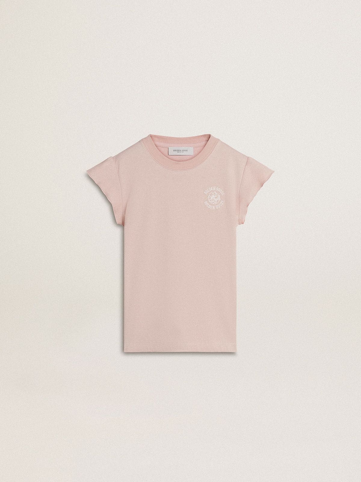Girls' pink T-shirt with ruffled sleeves and embroidery