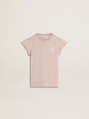 Girls' pink T-shirt with ruffled sleeves and embroidery