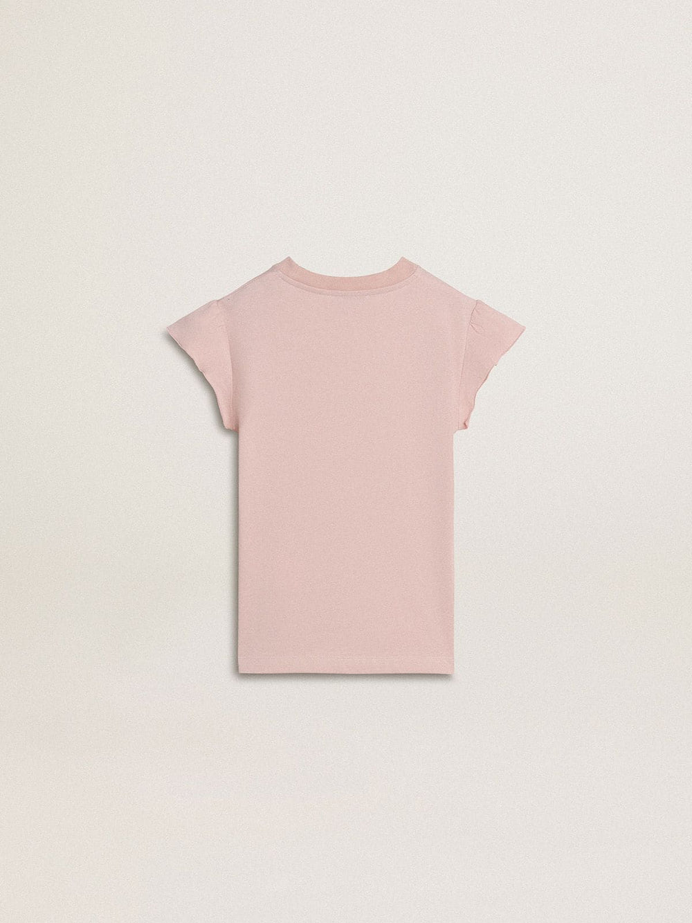 Girls' pink T-shirt with ruffled sleeves and embroidery