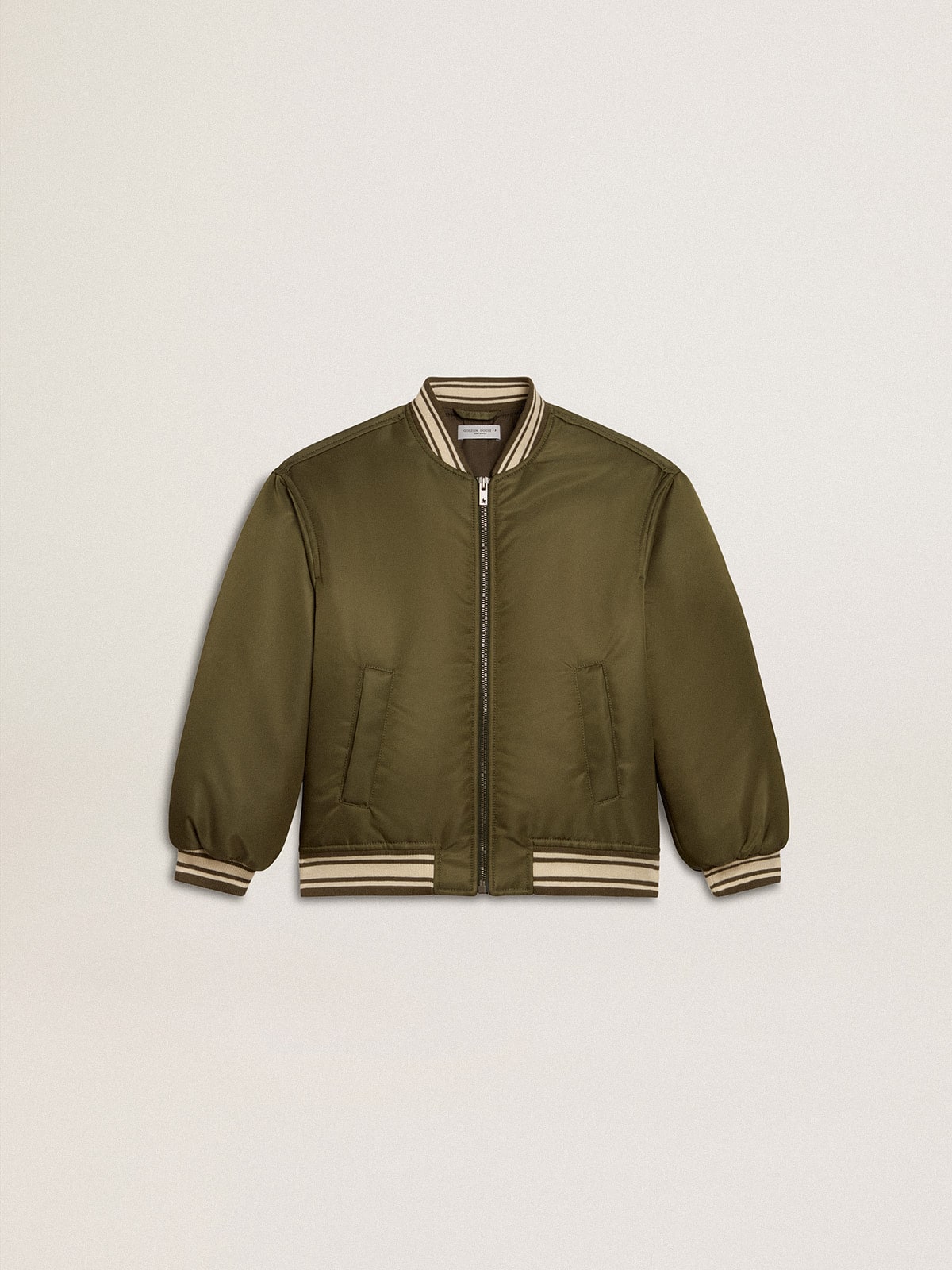 Kids military-green nylon bomber jacket with lettering on the back