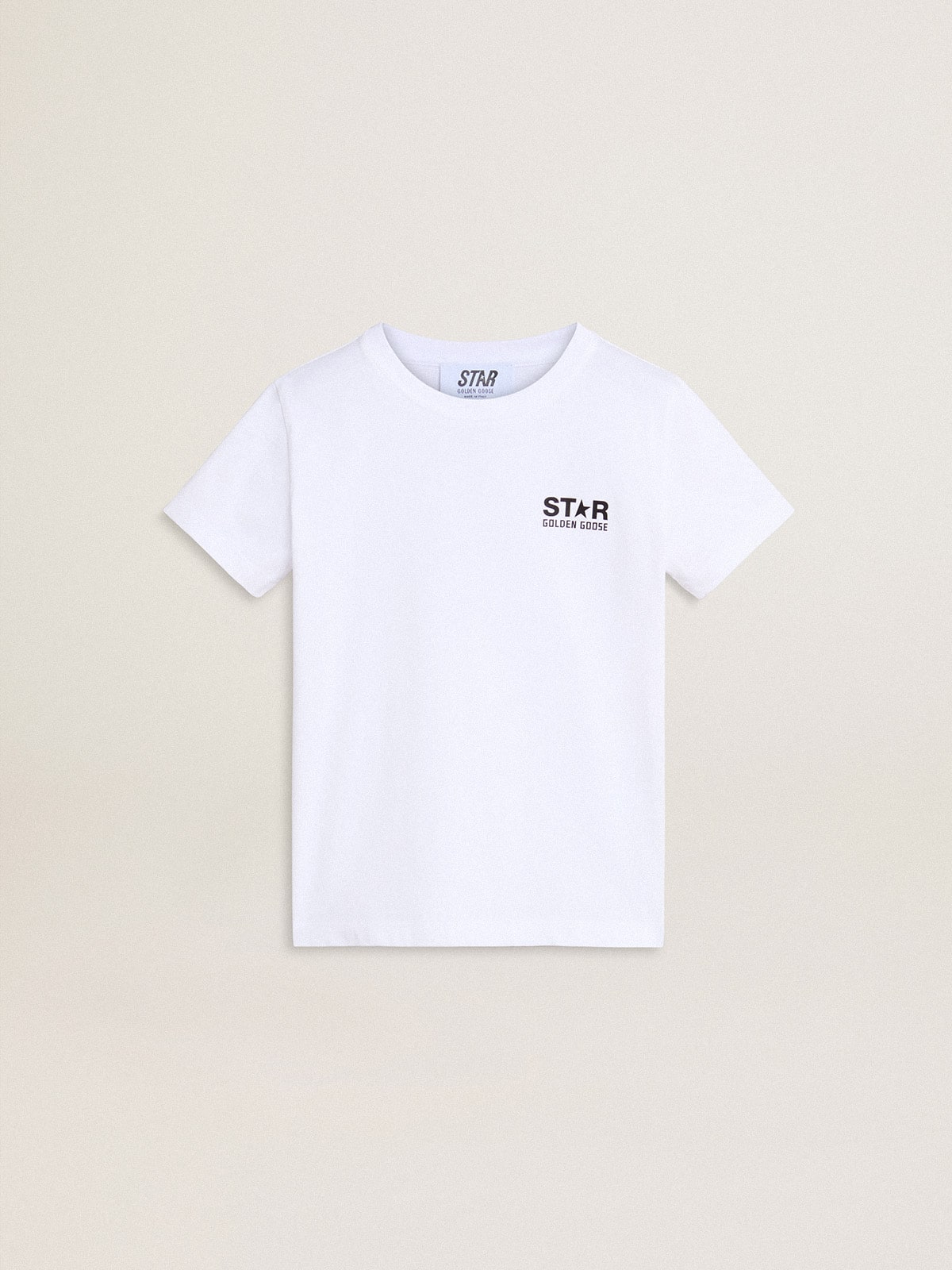 White T-shirt with contrasting black logo and star