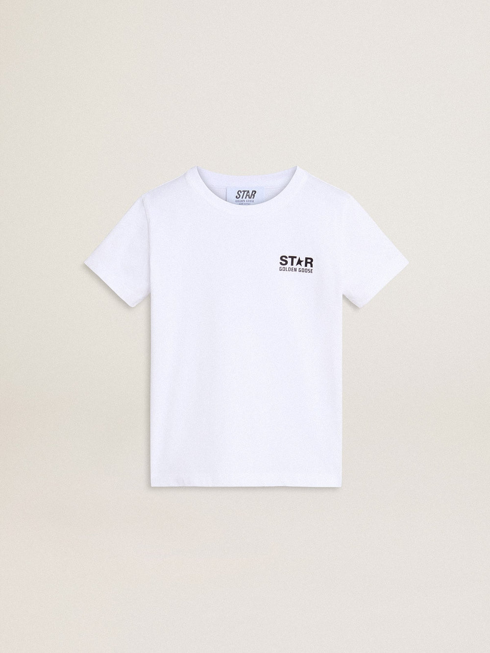 White T-shirt with contrasting black logo and star