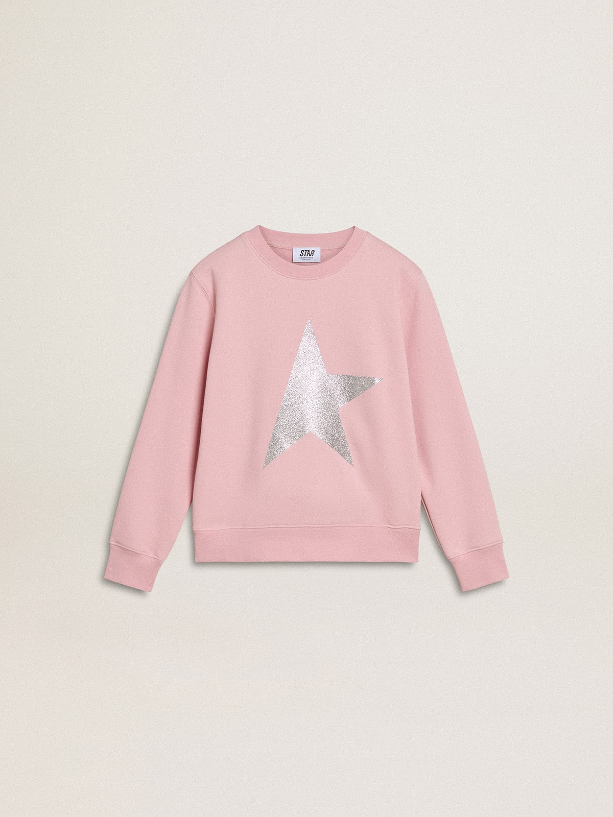 Pink sweatshirt with maxi star in silver glitter on the front