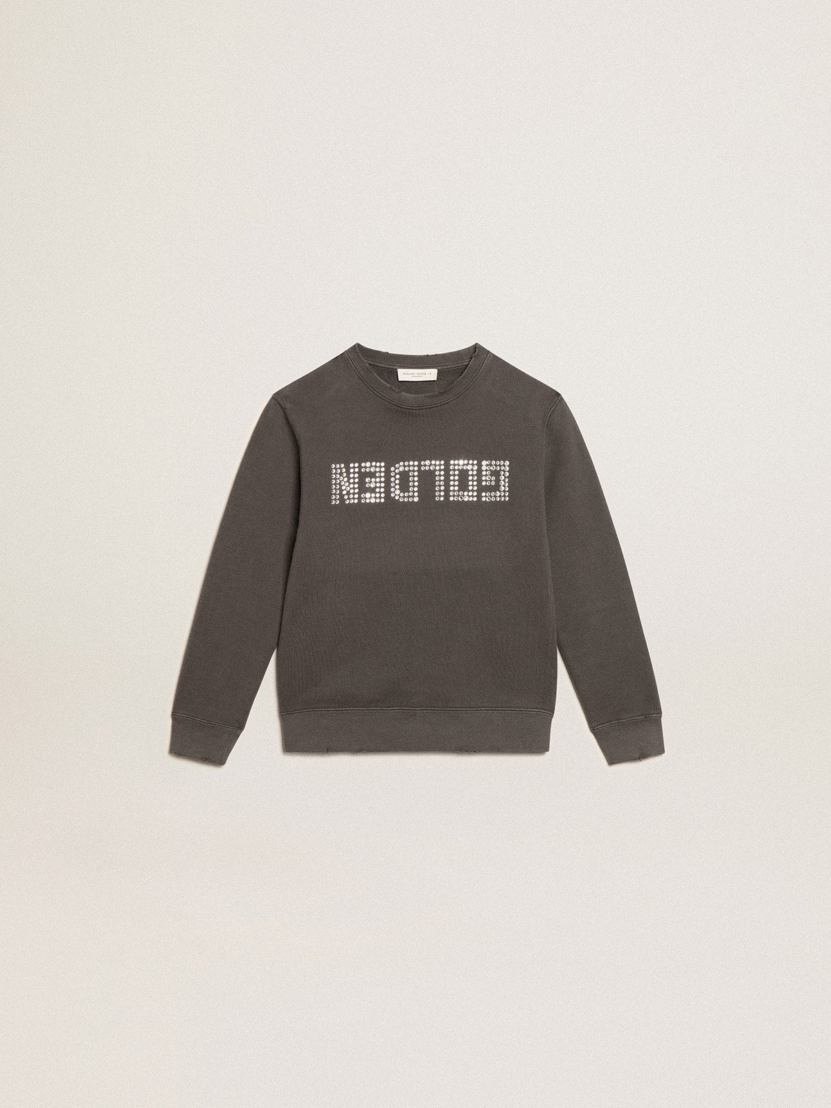 Distressed gray sweatshirt with crystal lettering