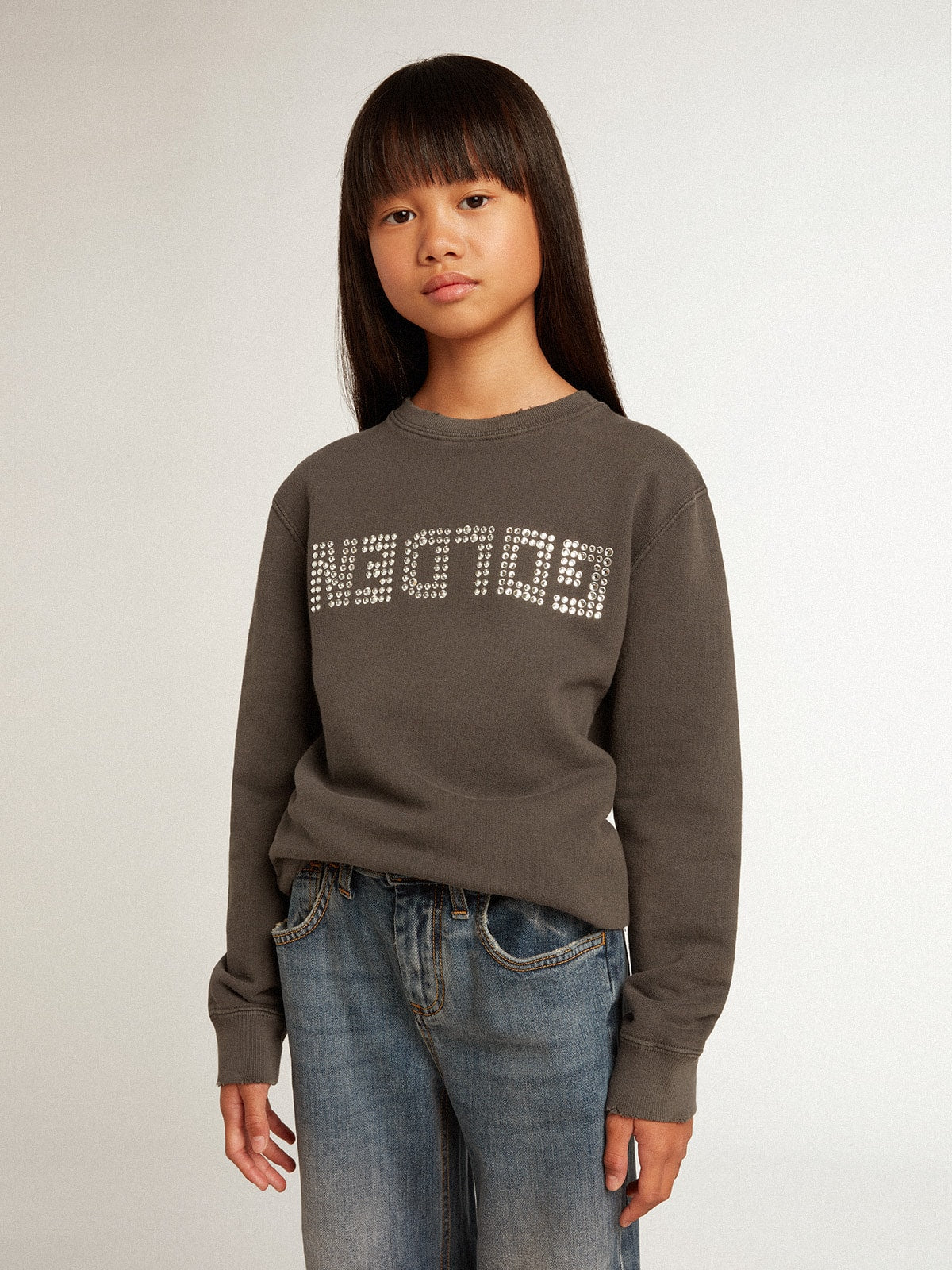 Distressed gray sweatshirt with crystal lettering