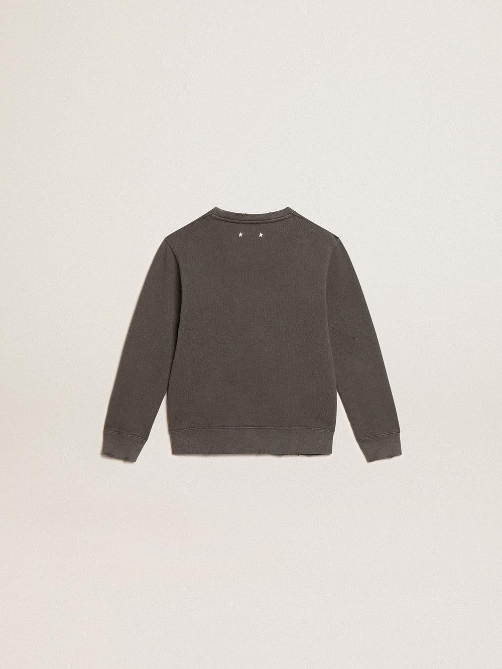 Distressed gray sweatshirt with crystal lettering