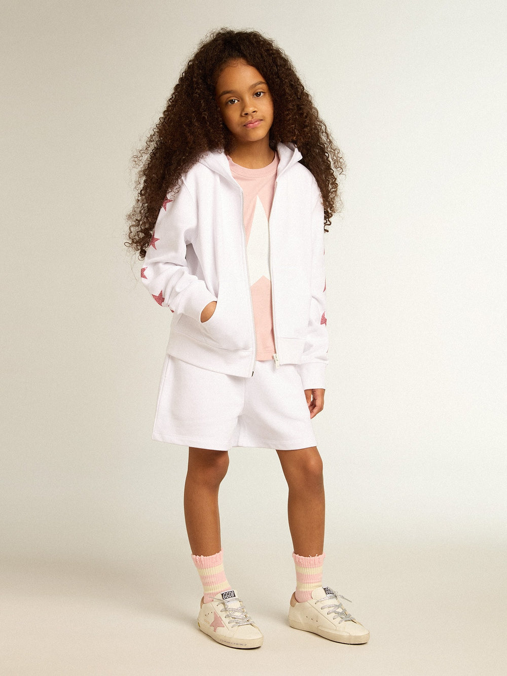 Girls’ zip-up sweatshirt in white with glitter stars on the sleeves