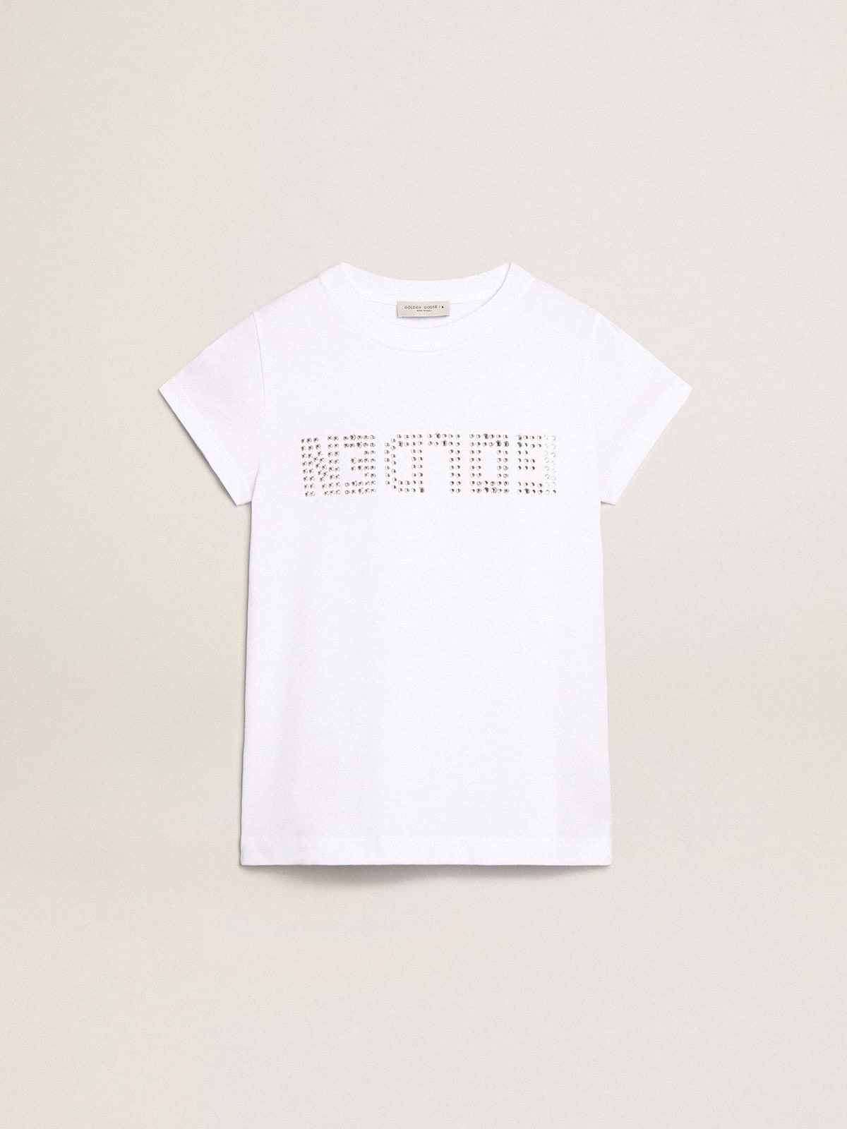 White T-shirt with central Golden lettering in crystals