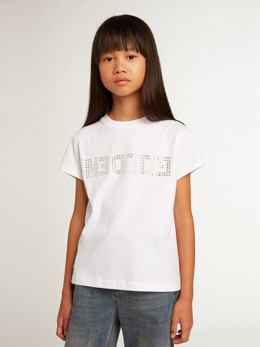White T-shirt with central Golden lettering in crystals