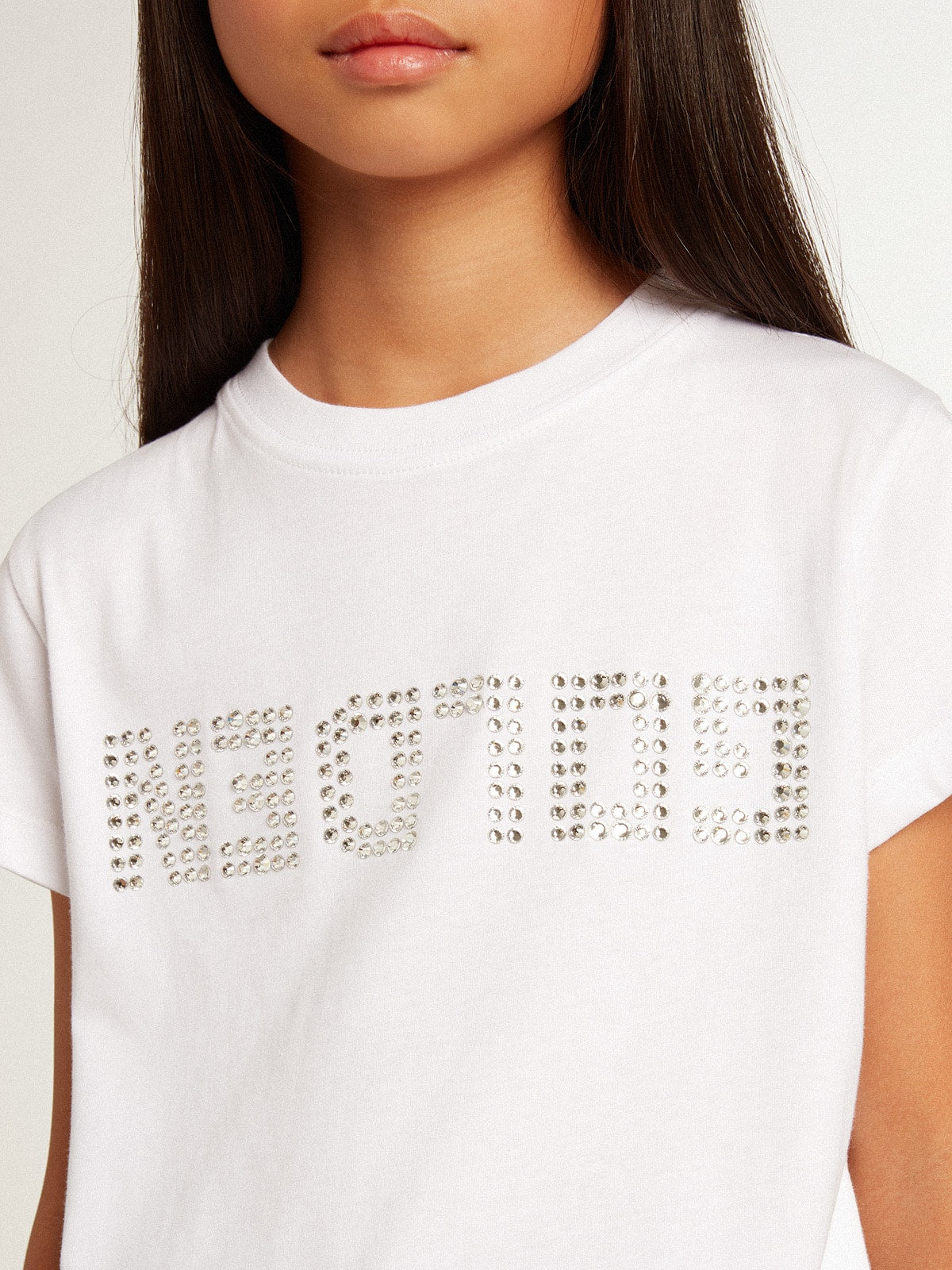 White T-shirt with central Golden lettering in crystals