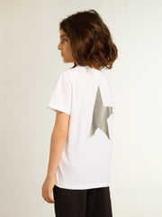 Girls’ white T-shirt with contrasting silver logo and star
