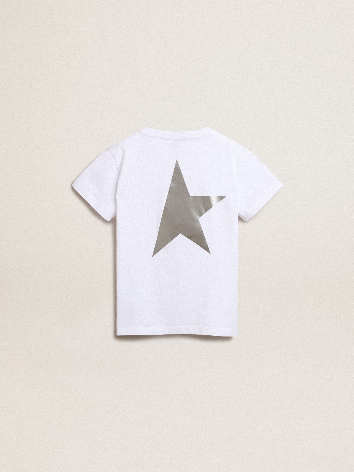 Girls’ white T-shirt with contrasting silver logo and star