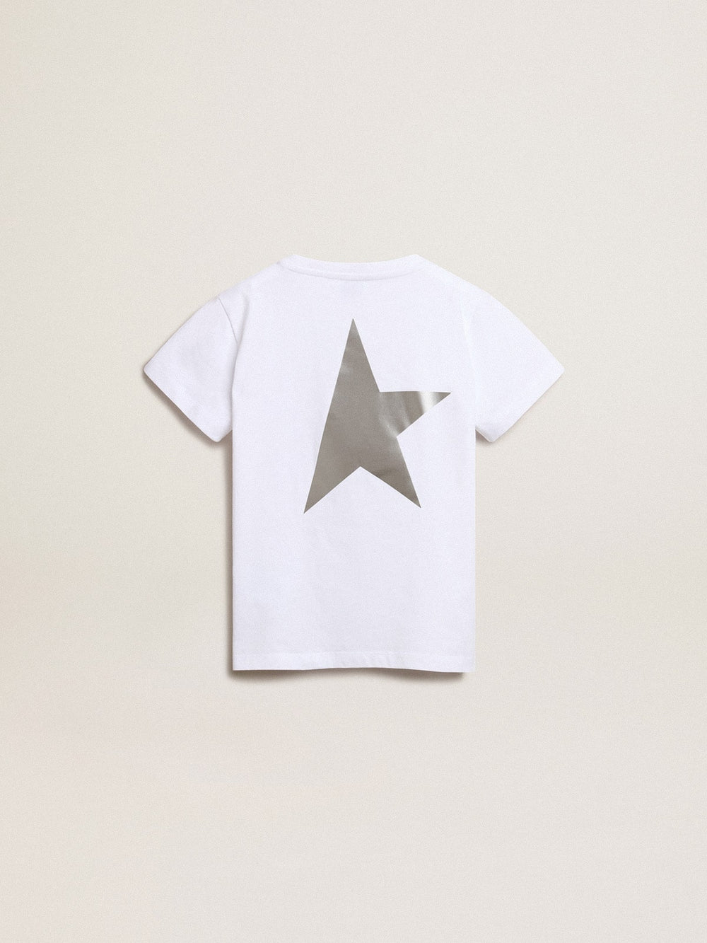 Girls’ white T-shirt with contrasting silver logo and star