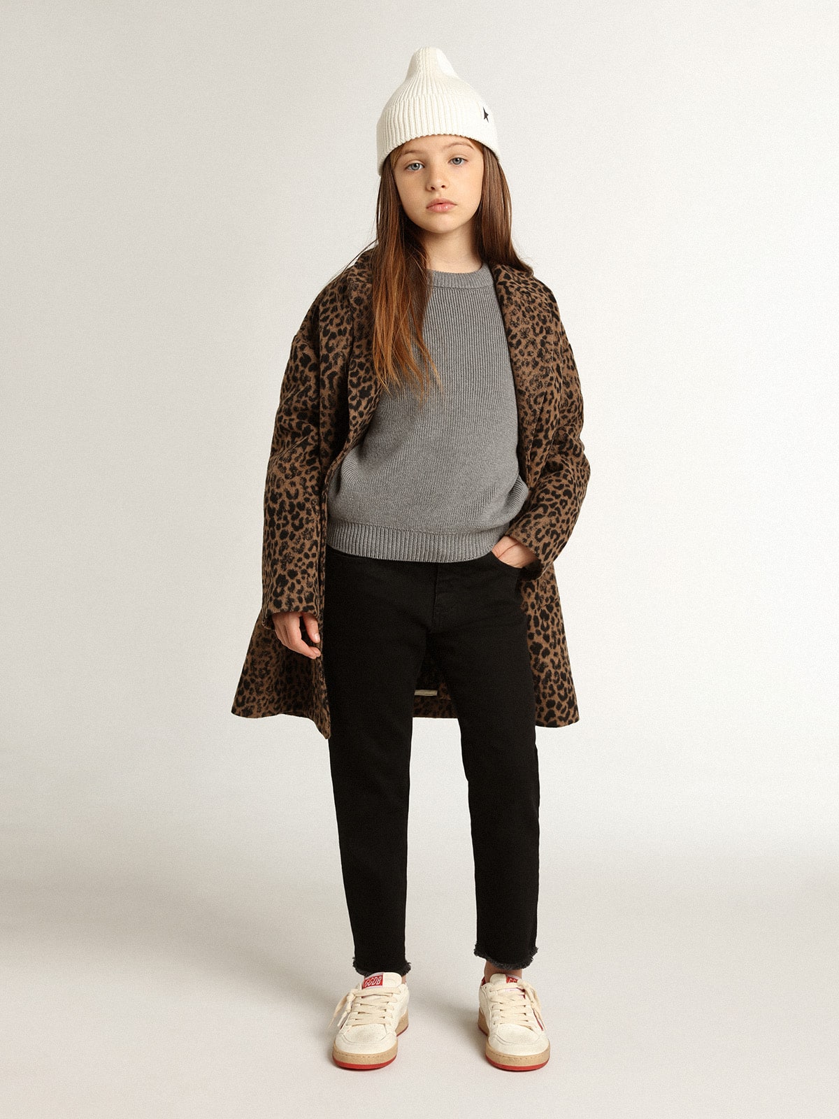 Girls’ single-breasted coat in wool with jacquard animal print