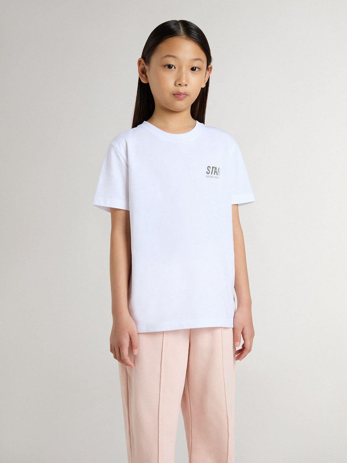 Kids’ white cotton T-shirt with silver print