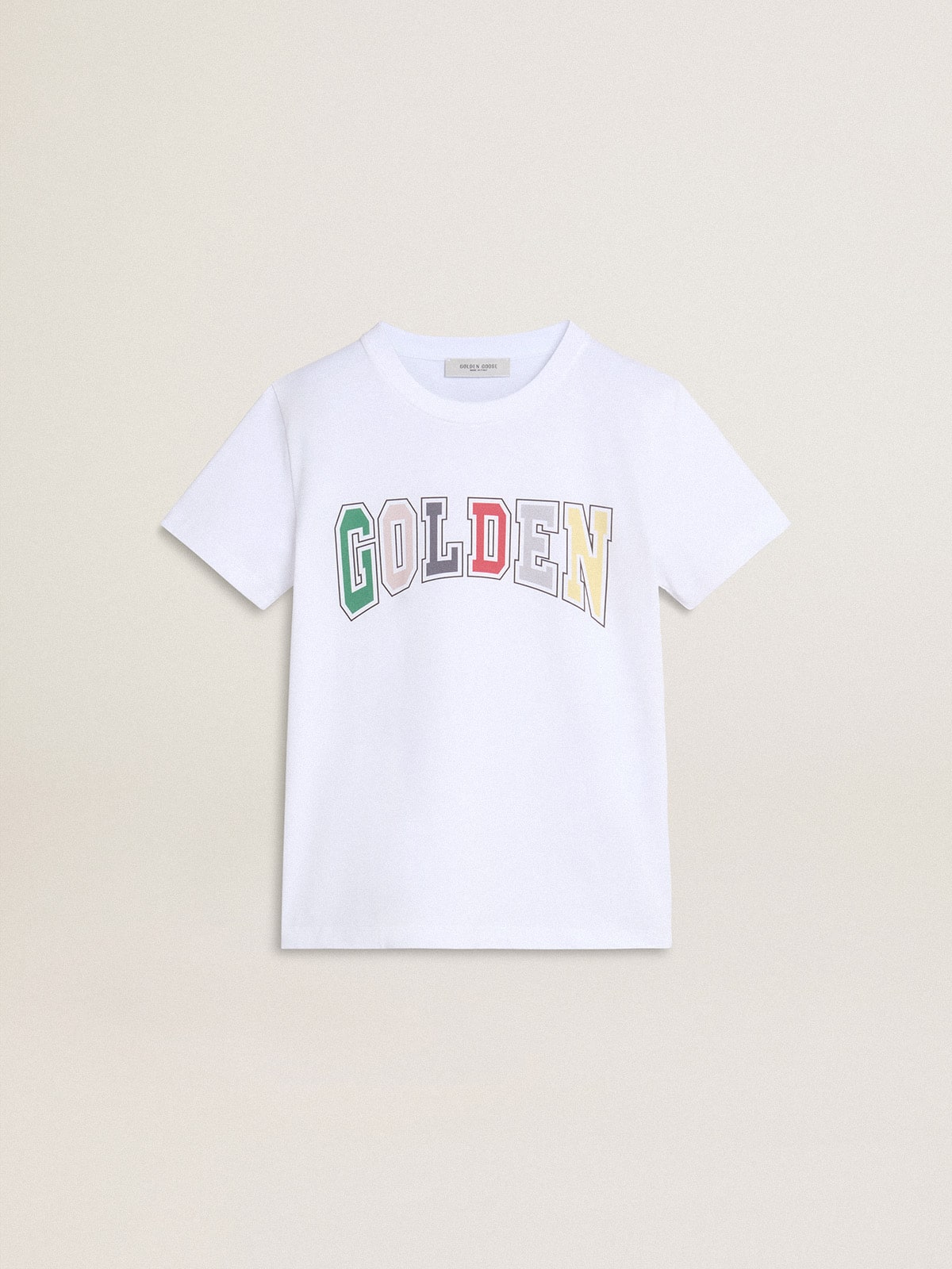 Boys' white T-shirt with multicolored Golden print