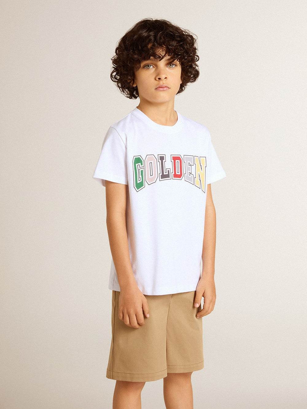 Boys' white T-shirt with multicolored Golden print