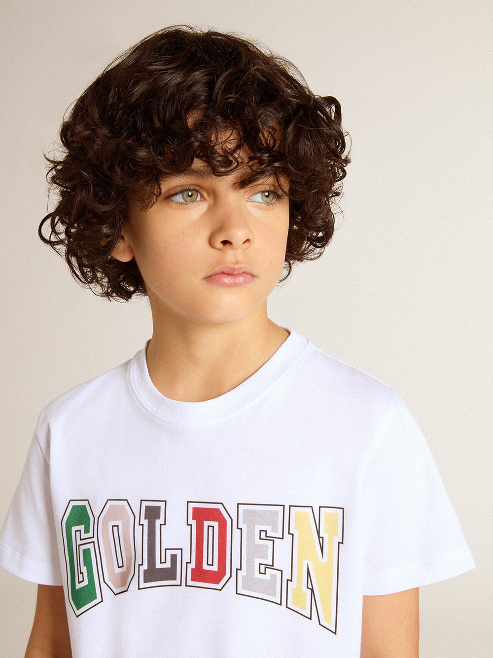 Boys' white T-shirt with multicolored Golden print