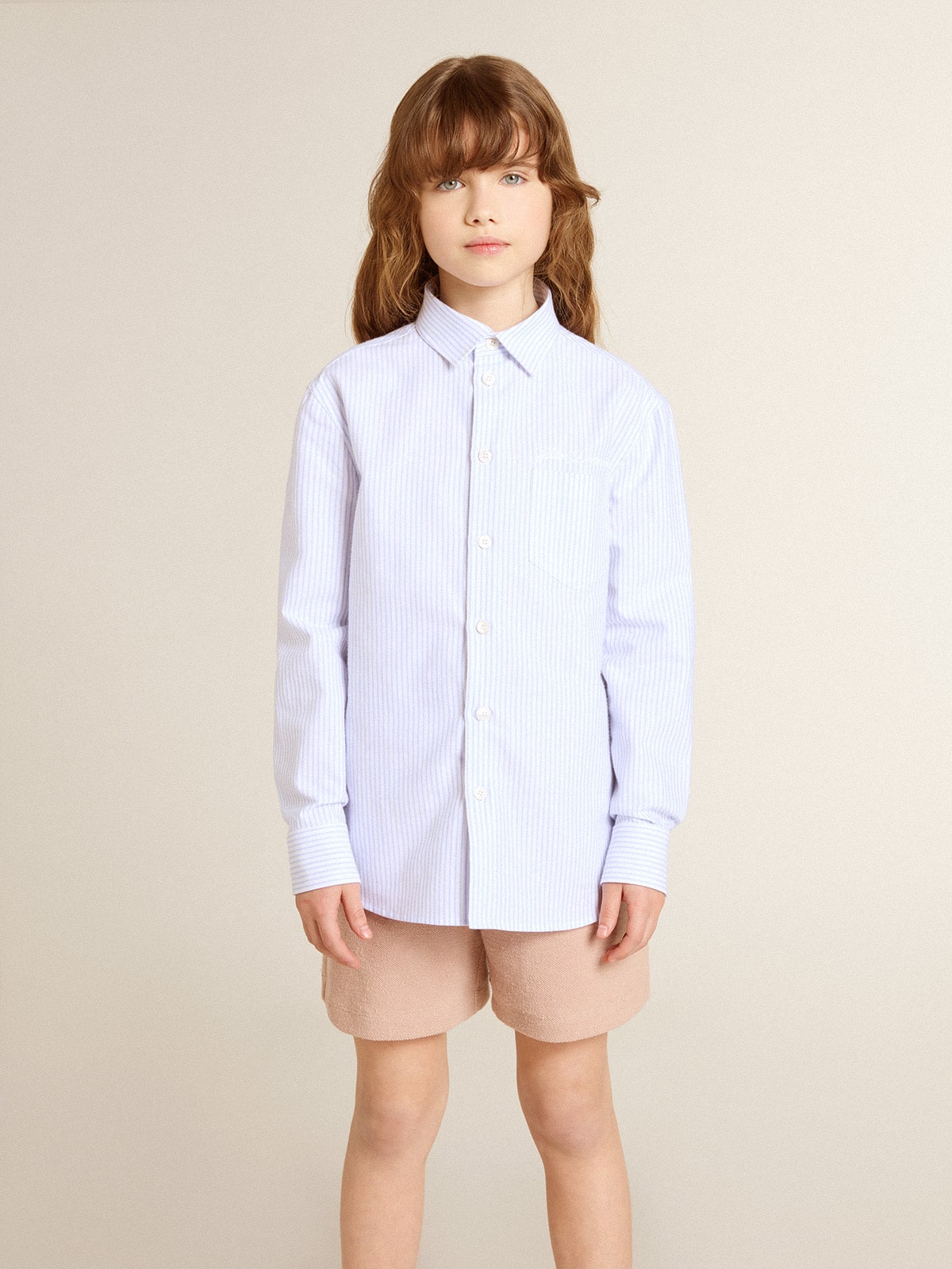 Girls’ striped shirt with embroidered lettering on the pocket