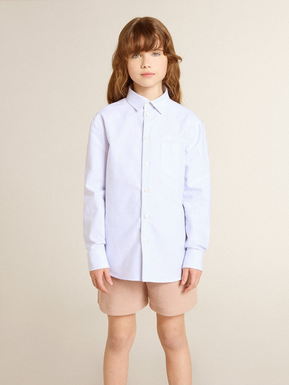 Girls’ striped shirt with embroidered lettering on the pocket