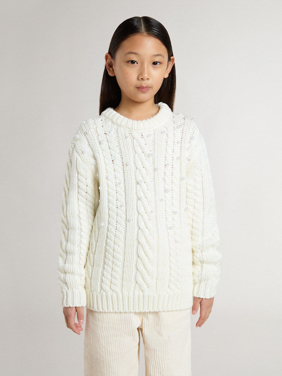 Girls' white wool sweater with pearls