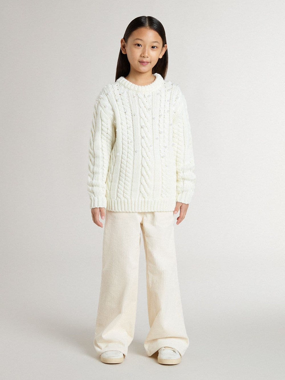 Girls' white wool sweater with pearls