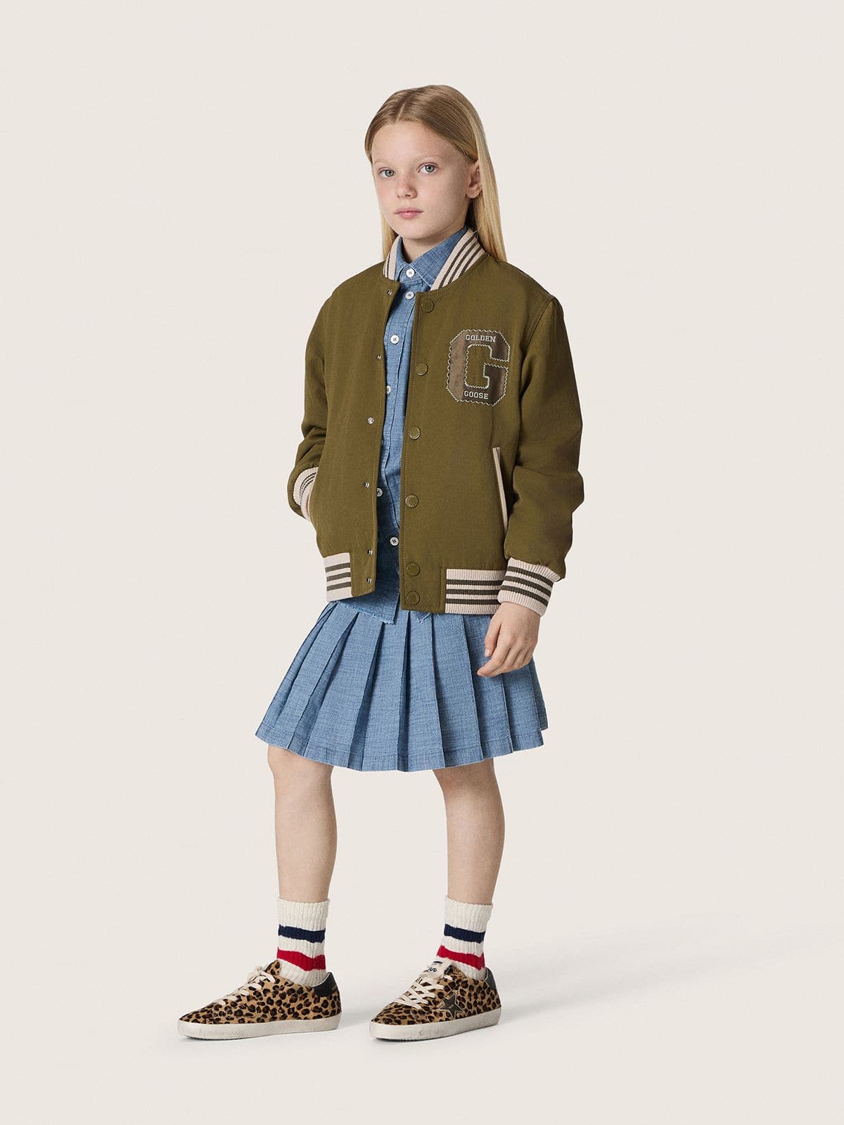 Journey unisex bomber jacket in military-green nylon twill with embroidered patch