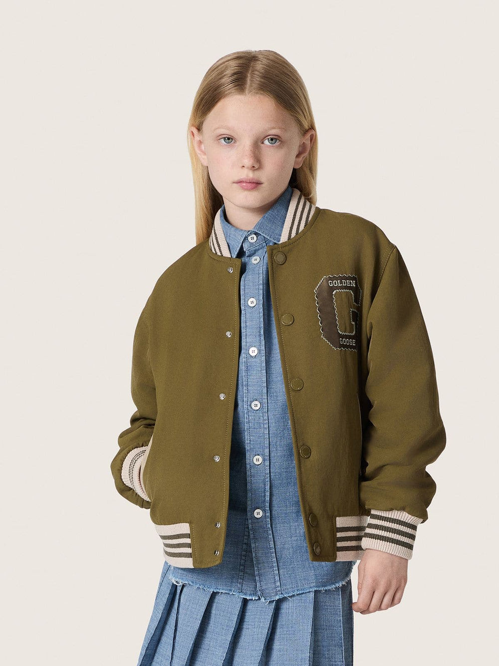 Journey unisex bomber jacket in military-green nylon twill with embroidered patch