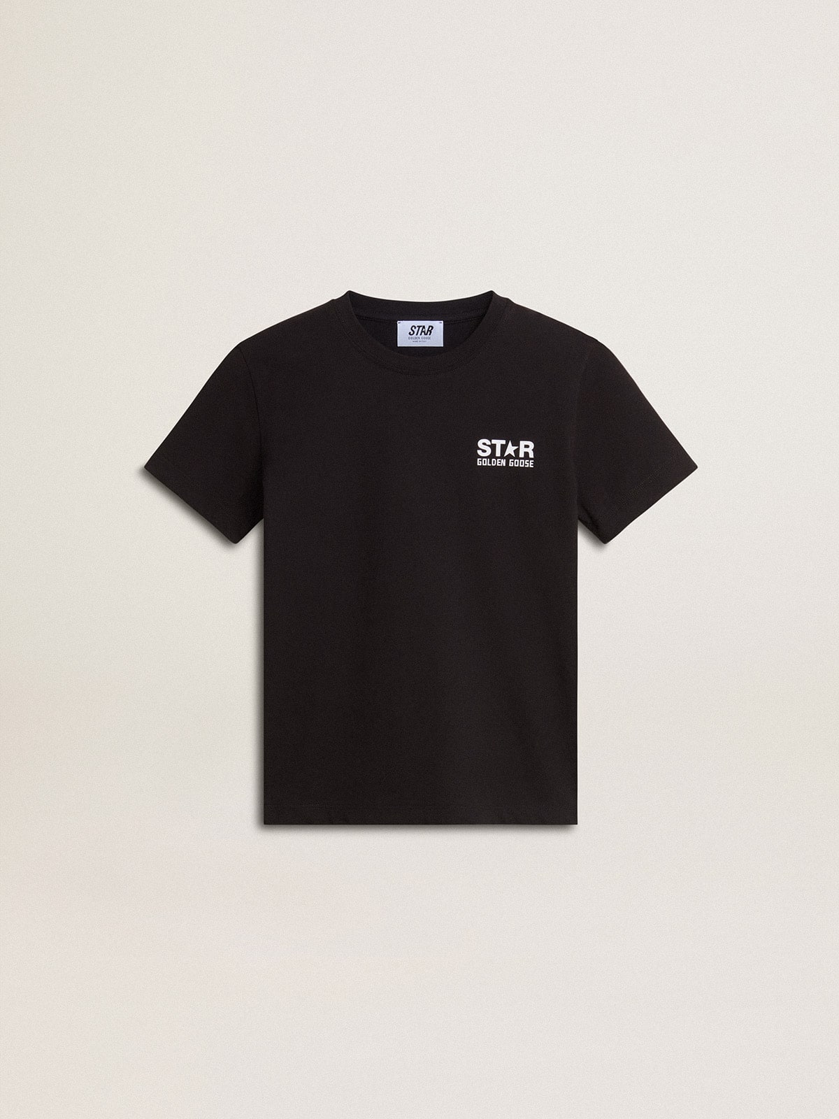 Black T-shirt with contrasting white logo on the front and maxi star on the back