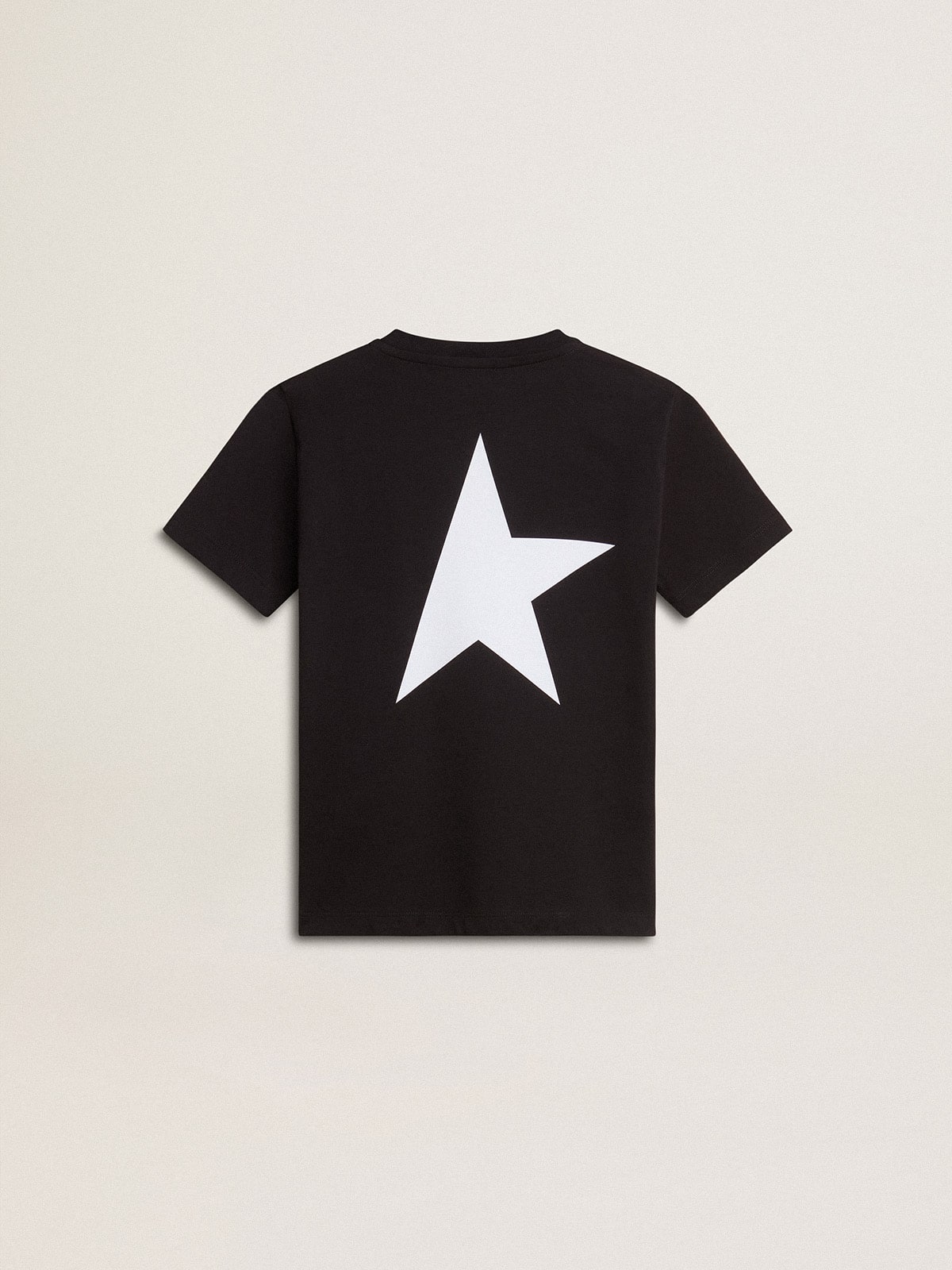 Black T-shirt with contrasting white logo on the front and maxi star on the back