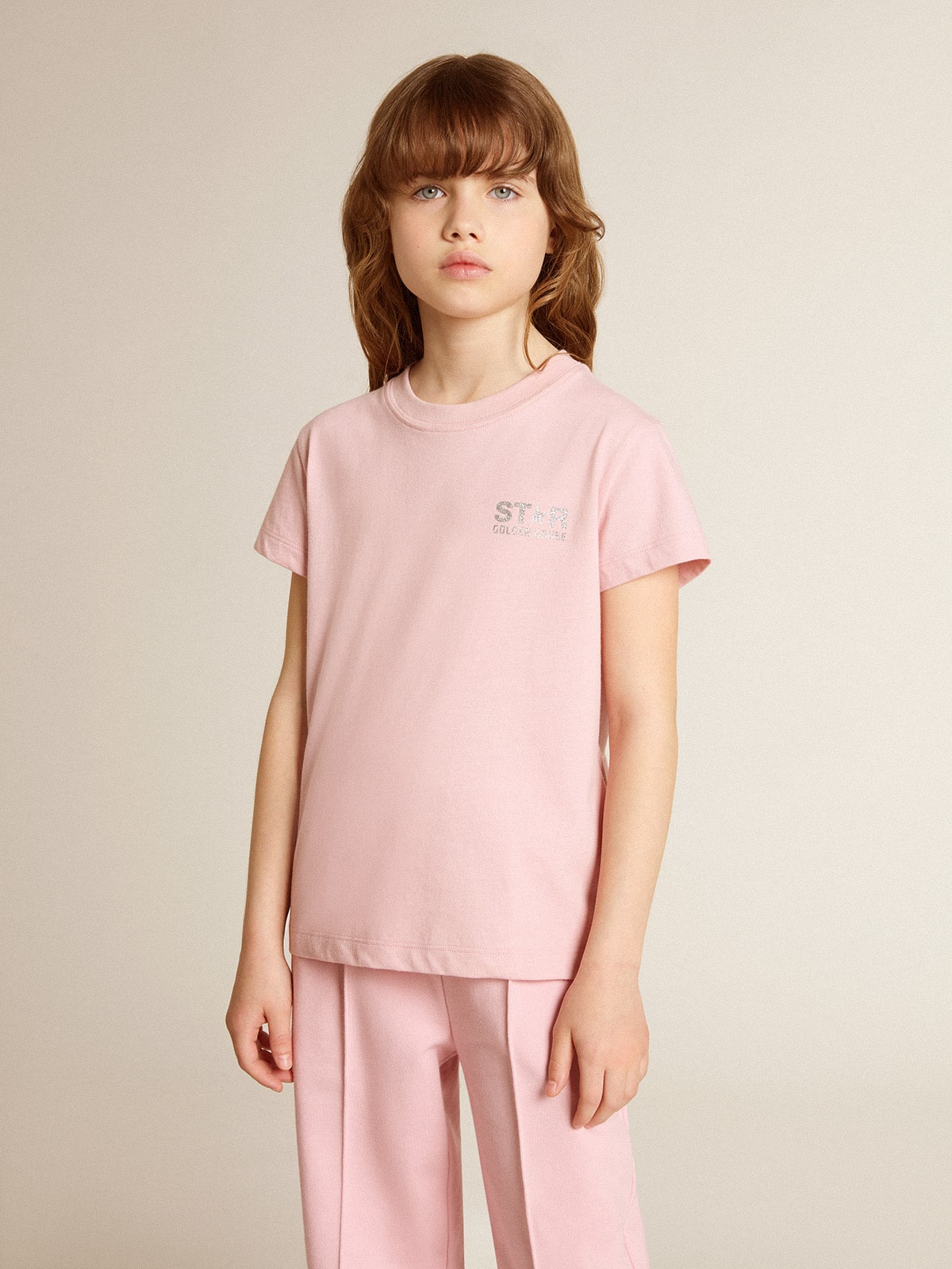 Girls' pink T-shirt with silver glitter logo and maxi star