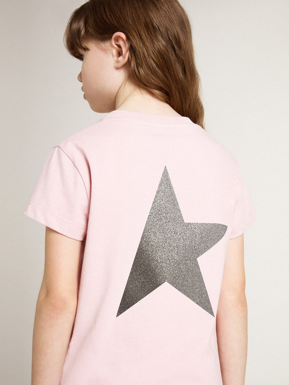 Girls' pink T-shirt with silver glitter logo and maxi star