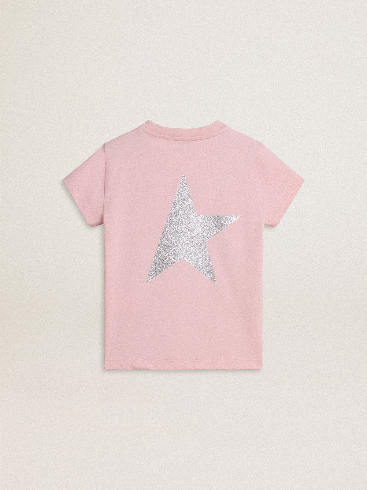 Girls' pink T-shirt with silver glitter logo and maxi star