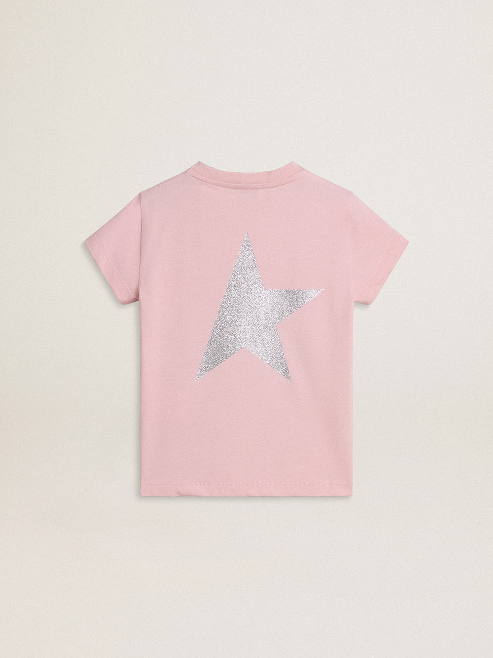Girls' pink T-shirt with silver glitter logo and maxi star