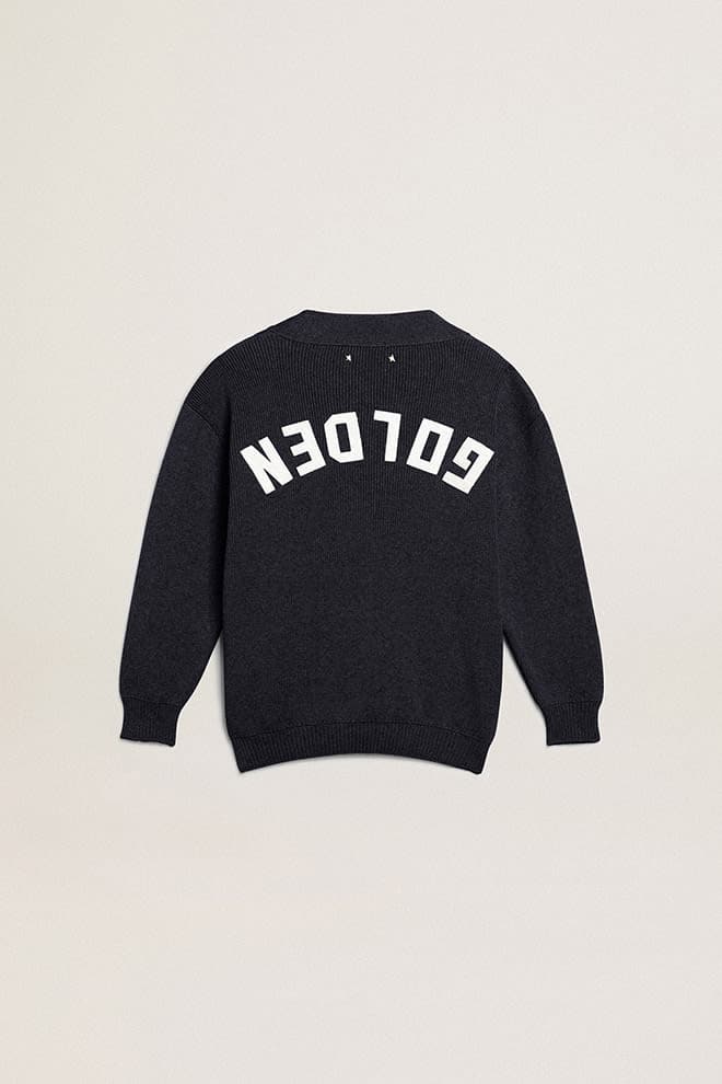 Dark blue cotton cardigan with logo on the back