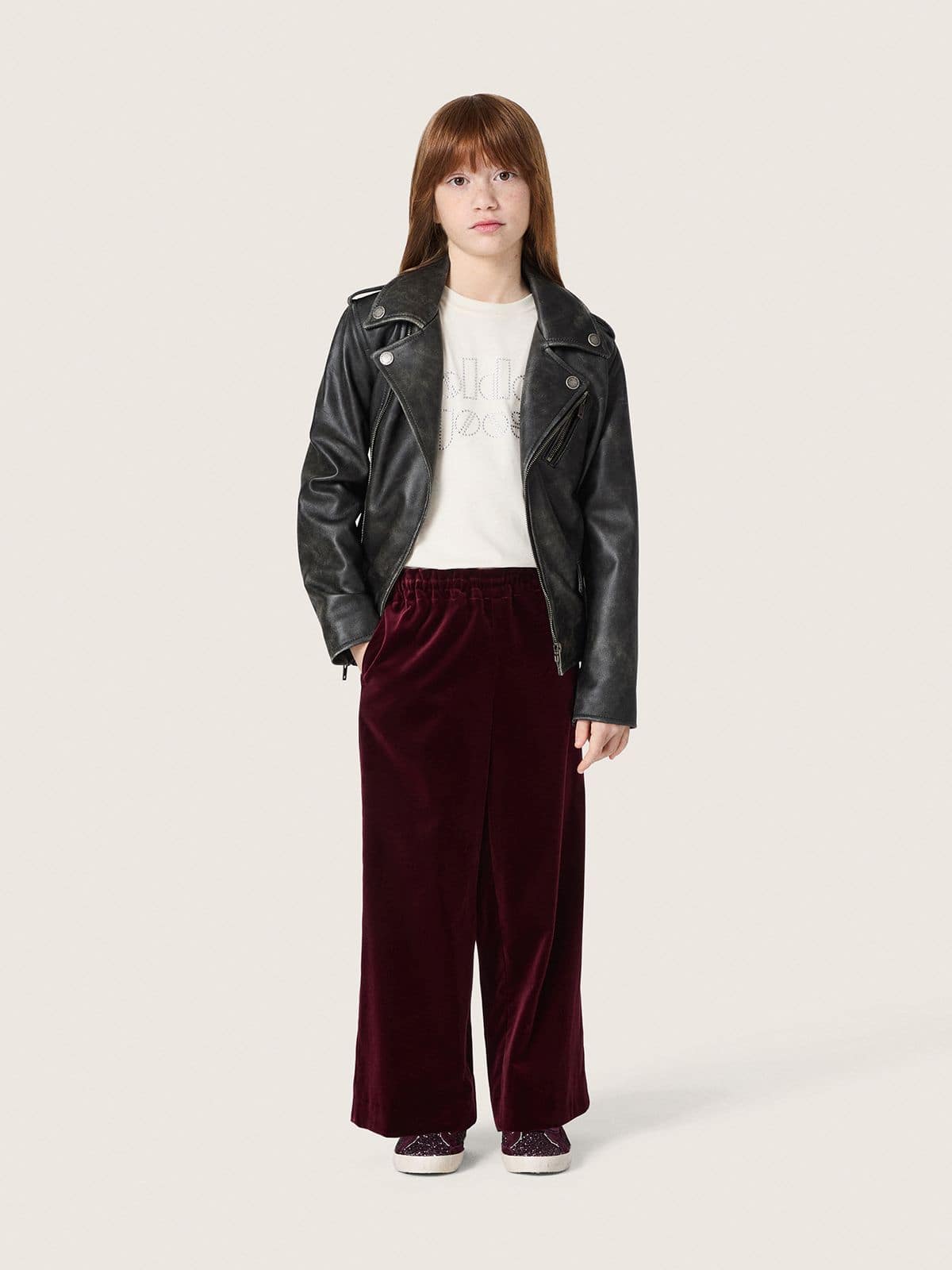 Girls’ burgundy velvet-effect pants with rear pocket
