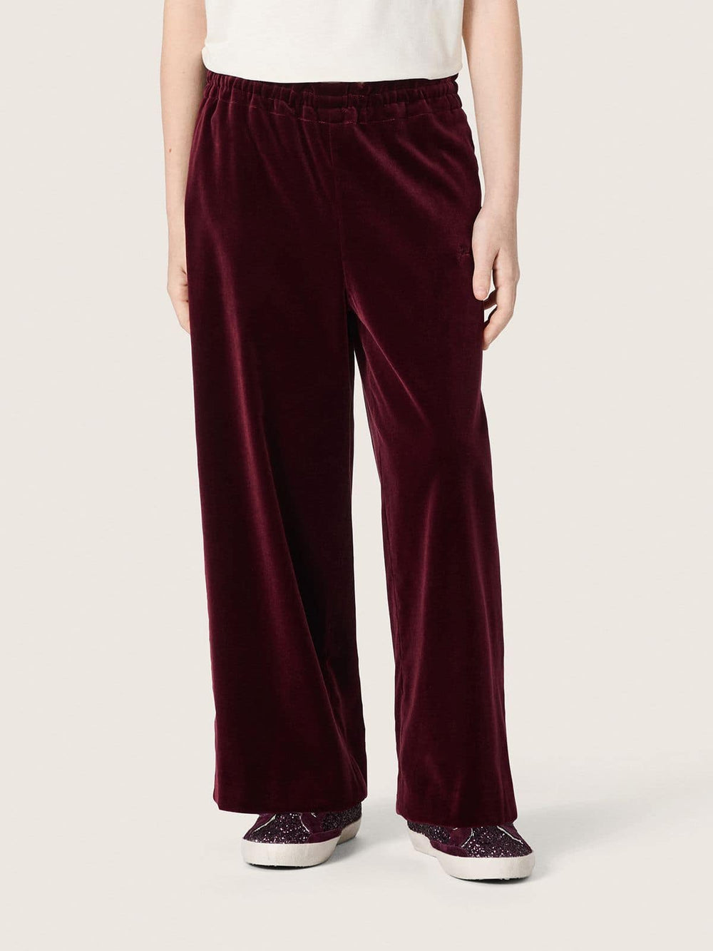 Girls’ burgundy velvet-effect pants with rear pocket
