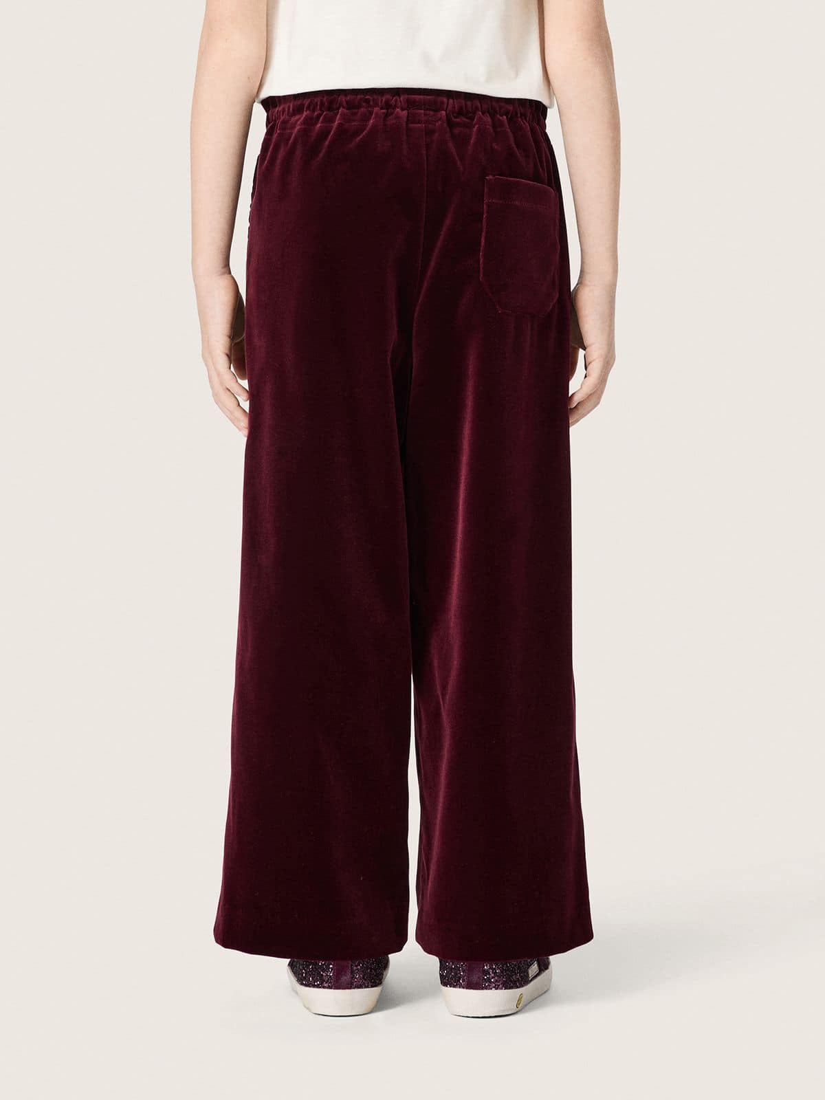 Girls’ burgundy velvet-effect pants with rear pocket